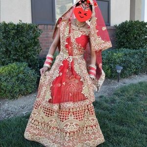 Red and gold bridal lengha
